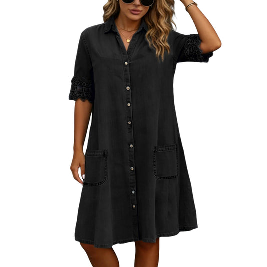 Lace Trim Denim Shirt Dress