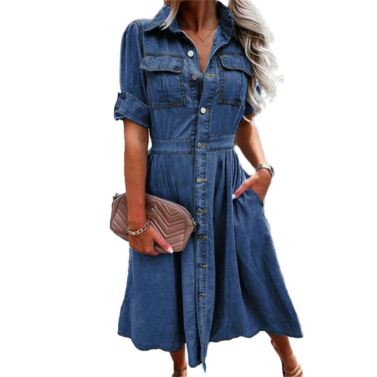 V-Neck Denim Shirt Dress