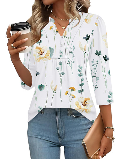 Pleated V-Neck Henley Blouse