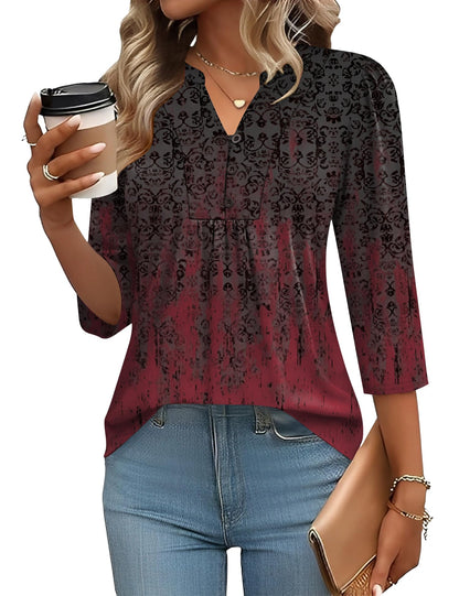 Pleated V-Neck Henley Blouse