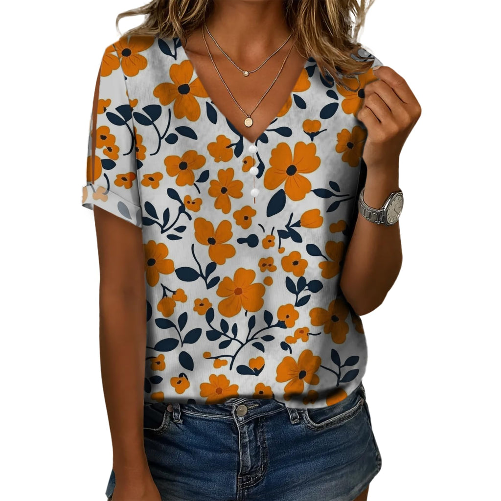 Floral V-Neck Button Blouse
