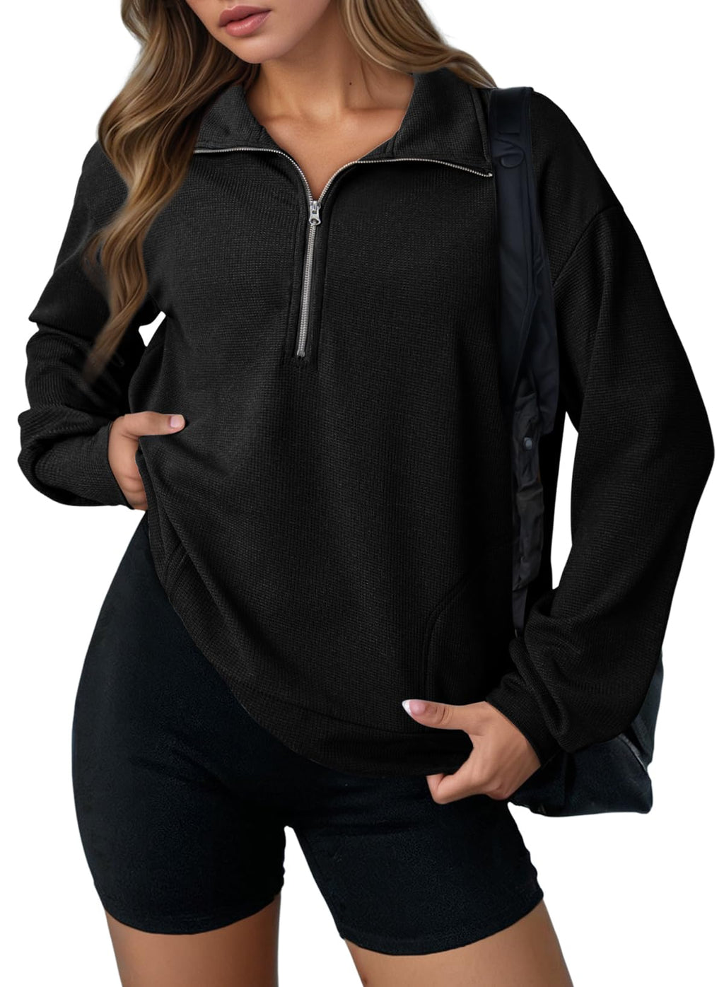Waffle Knit Half Zip Sweatshirt