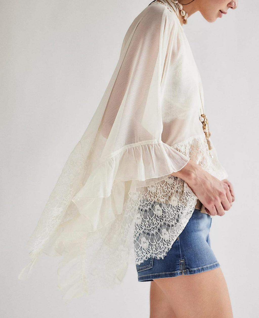 Sheer Lace Batwing Blouse