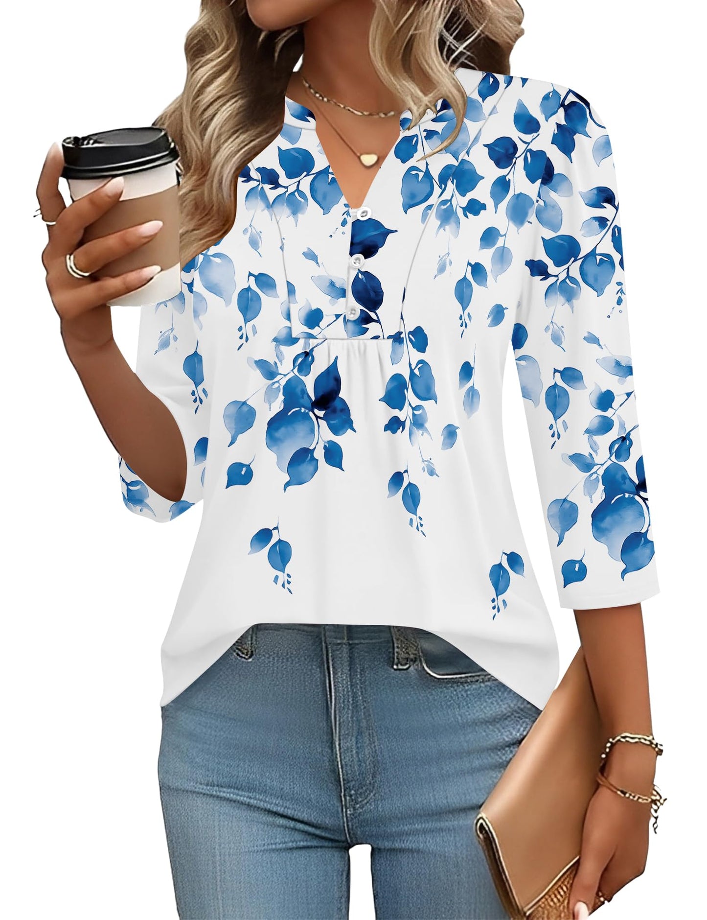 Pleated V-Neck Henley Blouse