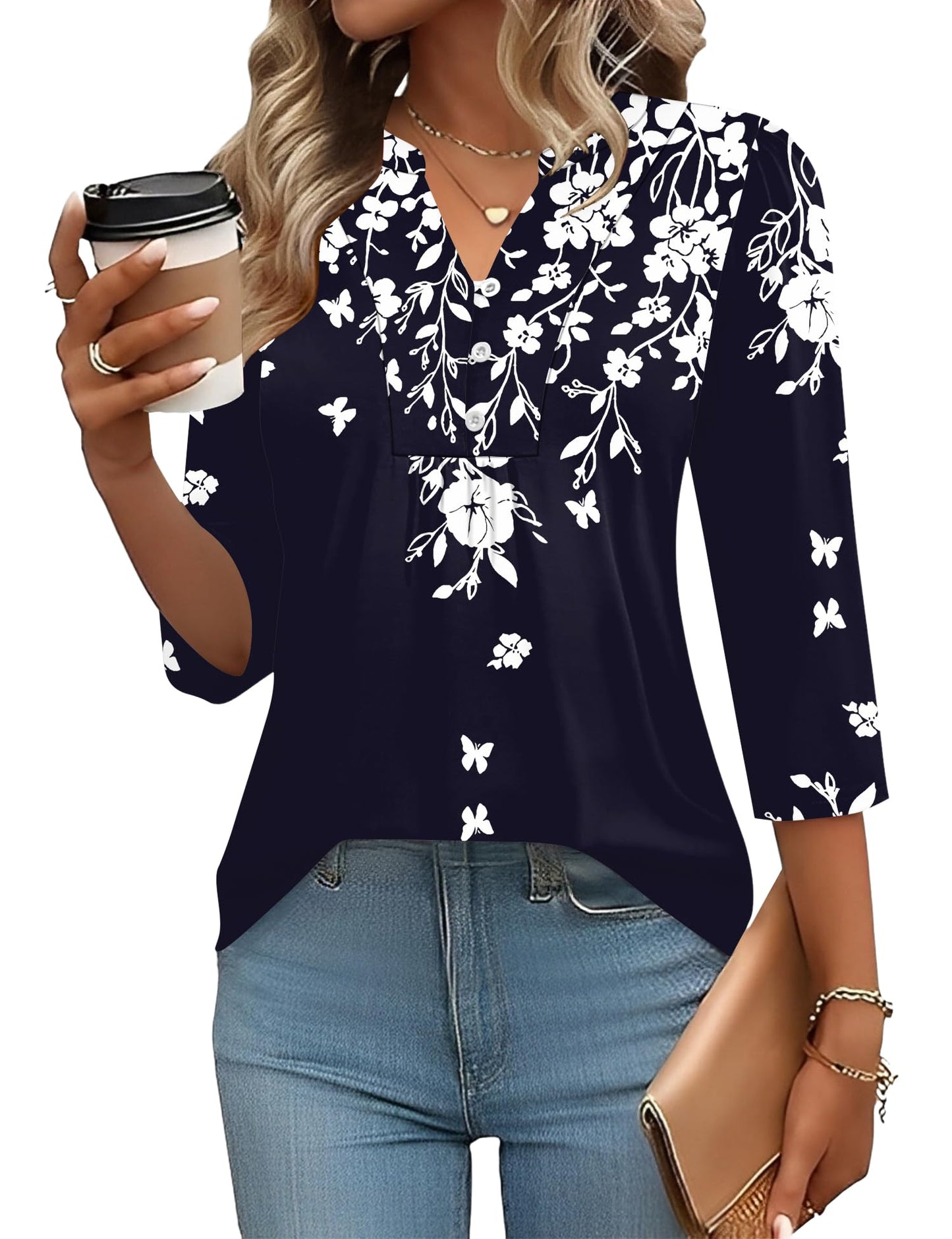 Pleated V-Neck Henley Blouse