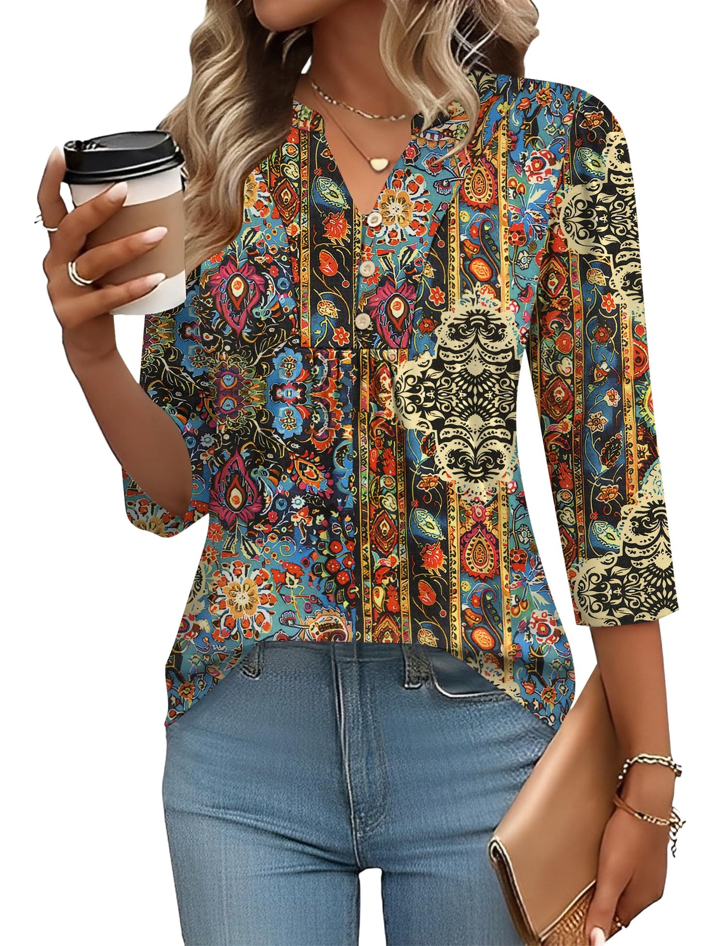 Pleated V-Neck Henley Blouse