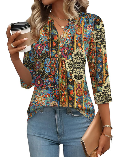 Pleated V-Neck Henley Blouse