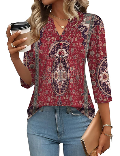 Pleated V-Neck Henley Blouse