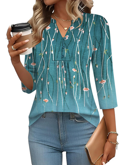 Pleated V-Neck Henley Blouse