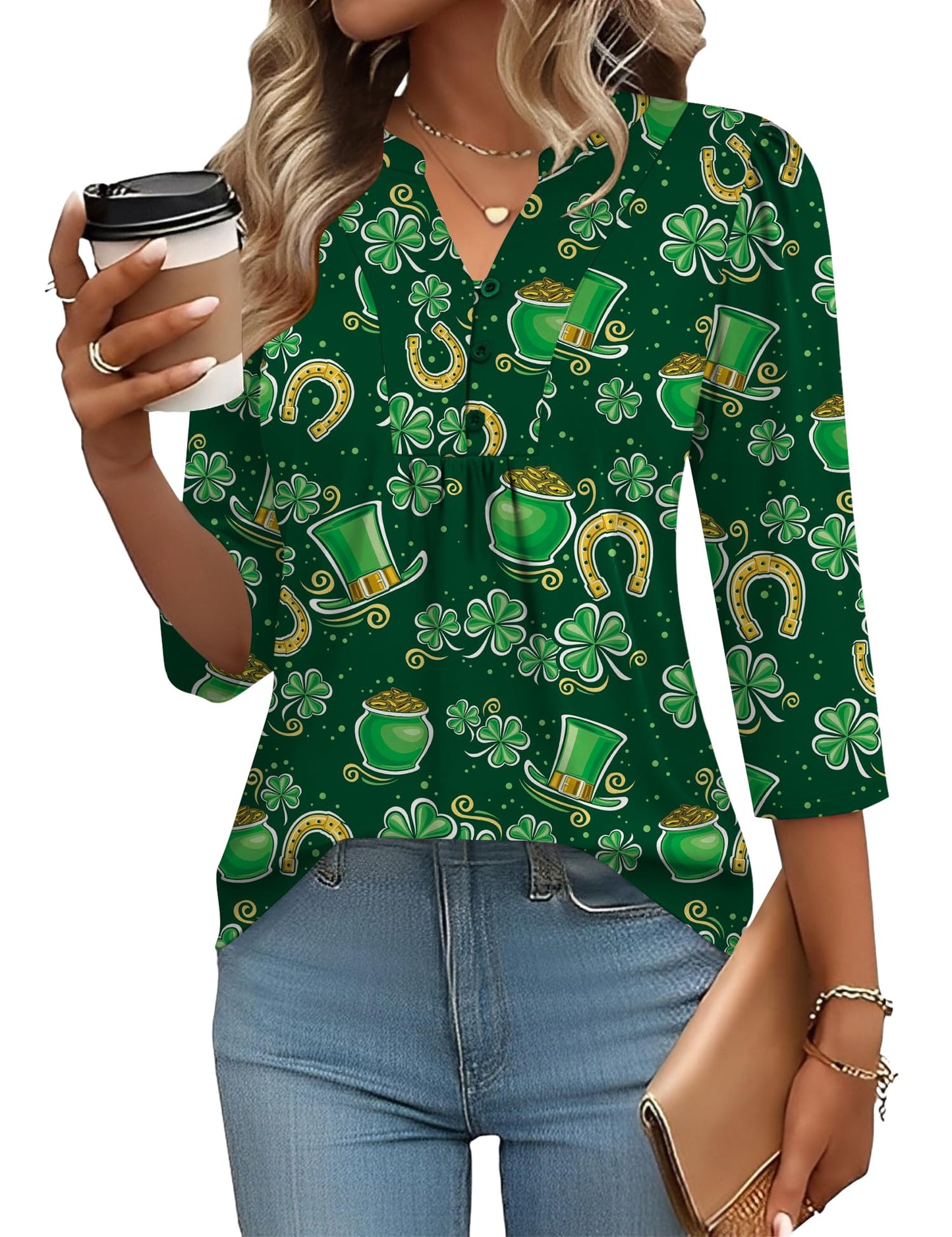 Pleated V-Neck Henley Blouse