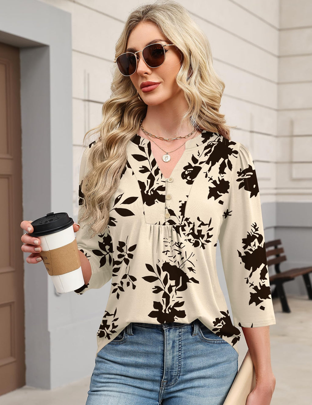Pleated V-Neck Henley Blouse