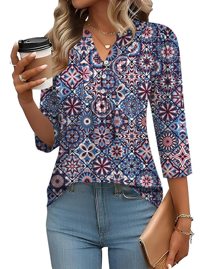 Pleated V-Neck Henley Blouse