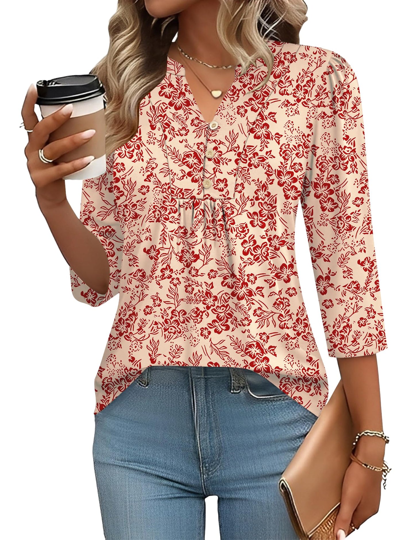 Pleated V-Neck Henley Blouse