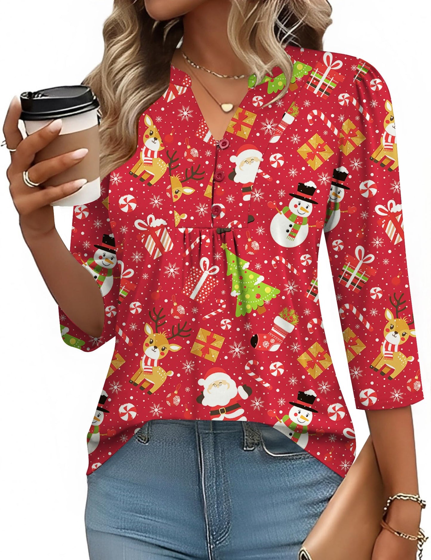 Pleated V-Neck Henley Blouse