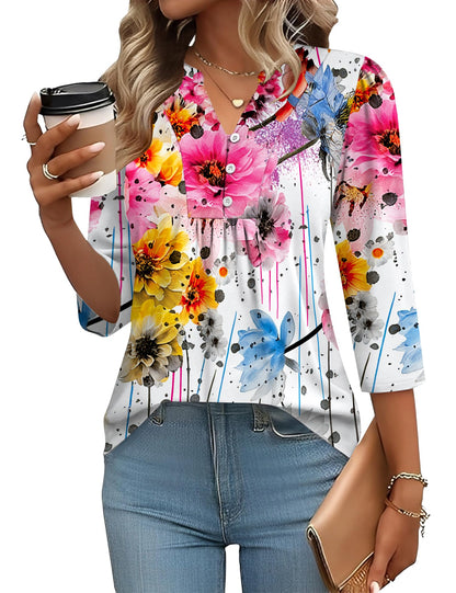 Pleated V-Neck Henley Blouse