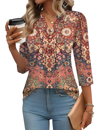 Pleated V-Neck Henley Blouse