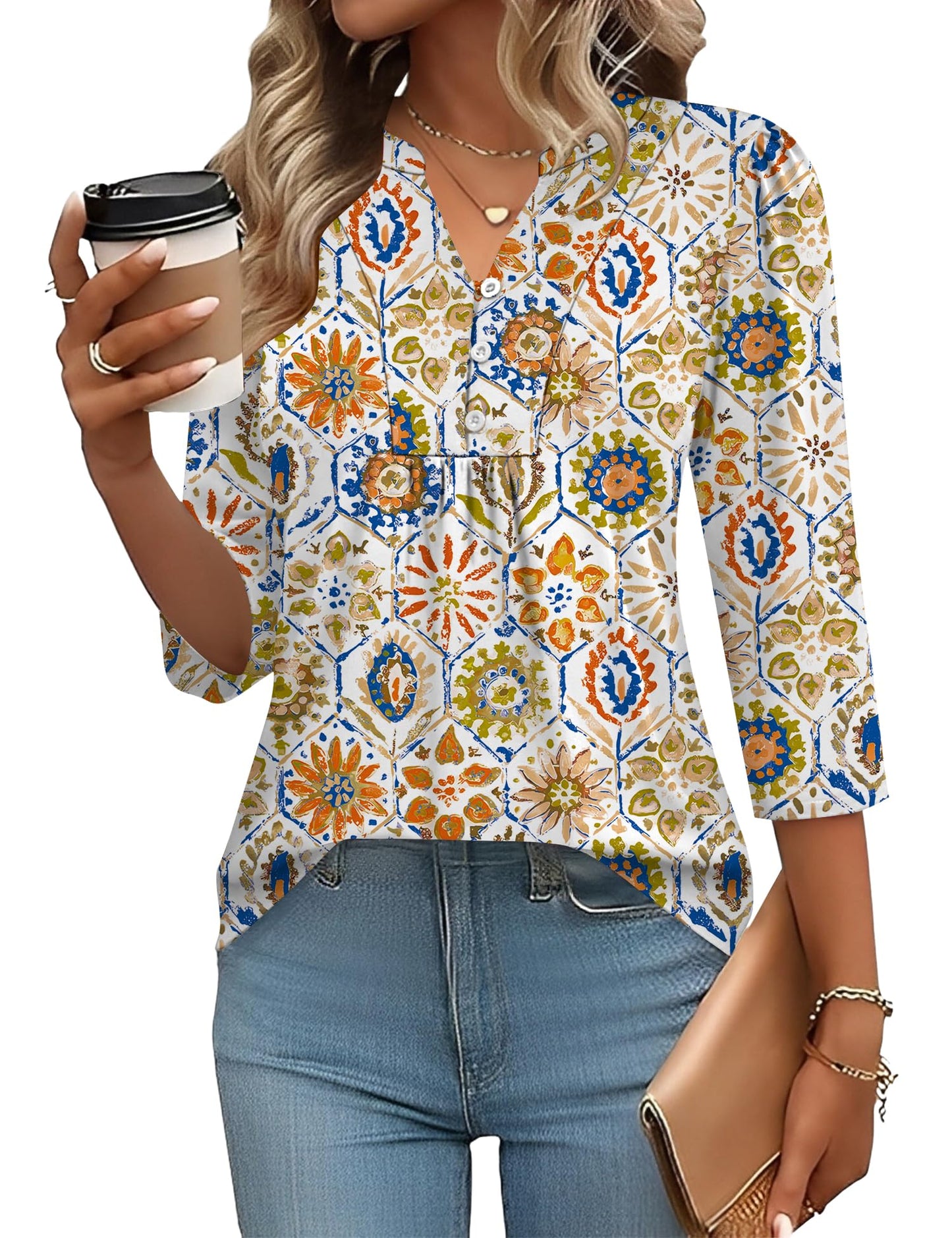 Pleated V-Neck Henley Blouse