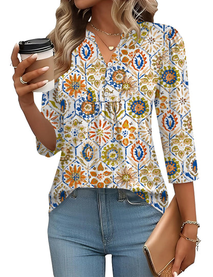 Pleated V-Neck Henley Blouse