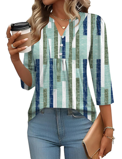 Pleated V-Neck Henley Blouse