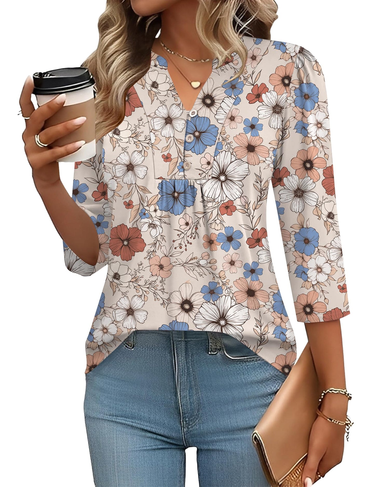 Pleated V-Neck Henley Blouse