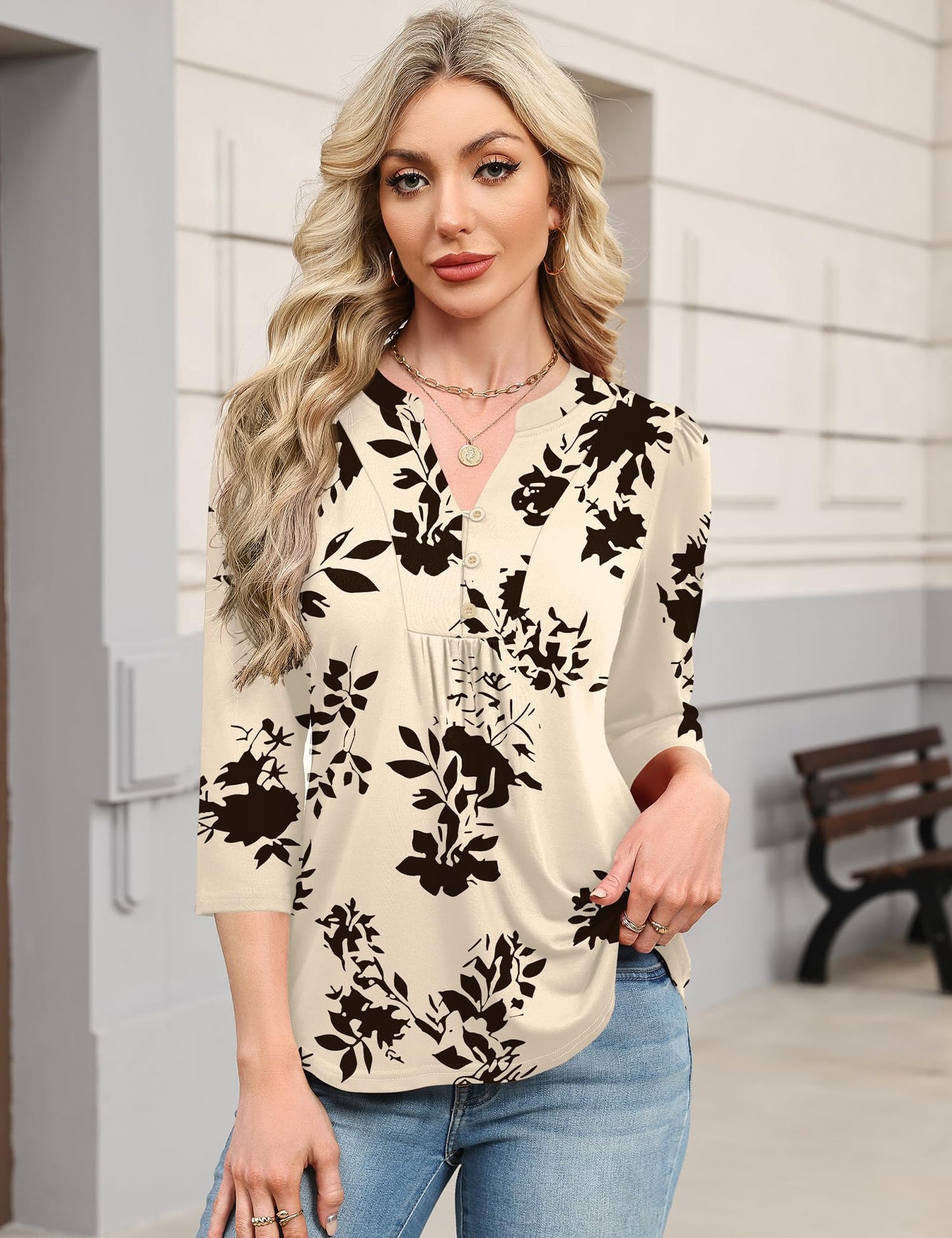Pleated V-Neck Henley Blouse